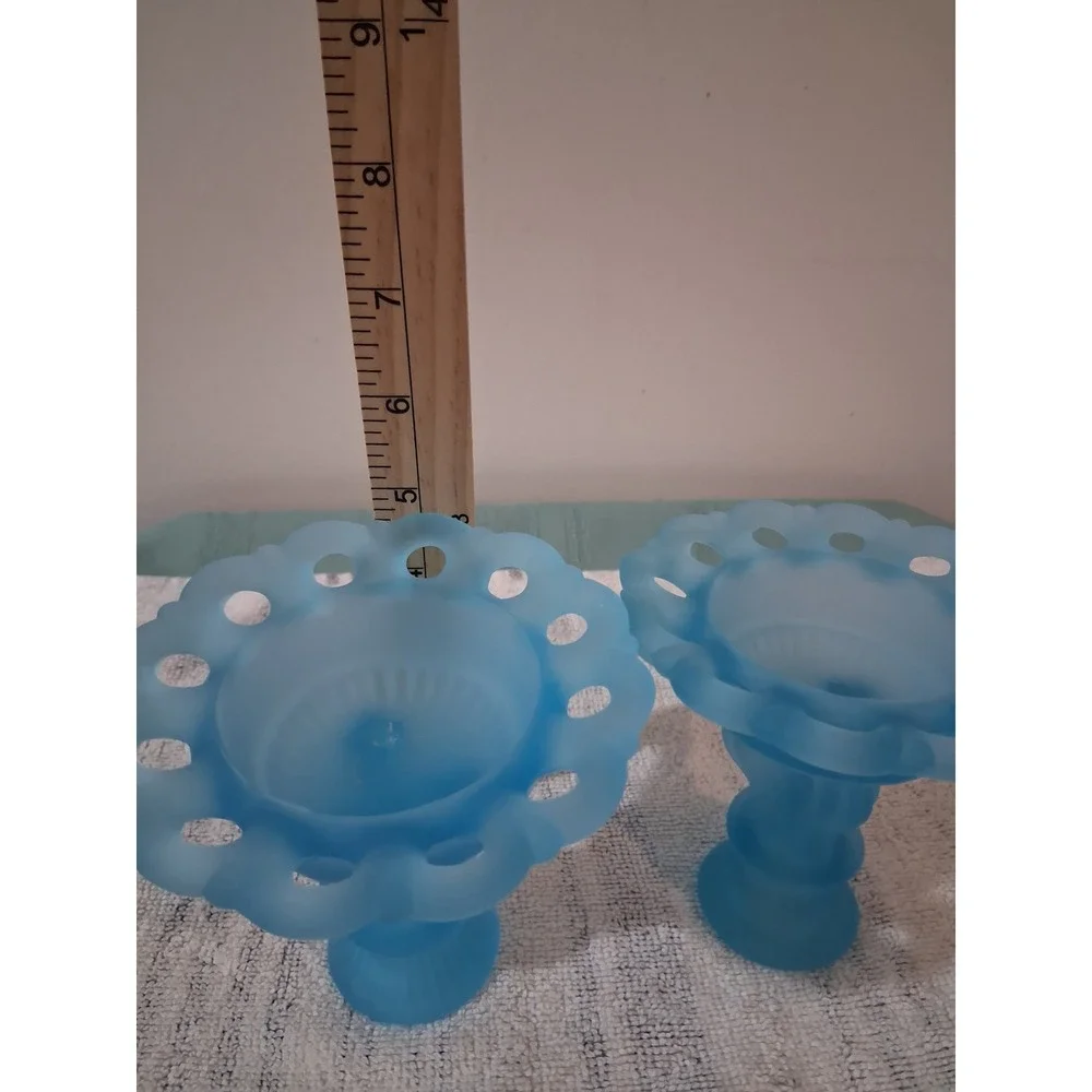 Vintage Fenton Blue Satin Glass Open‎ Lace Eyelet Edge Candlestick Holders Set 2